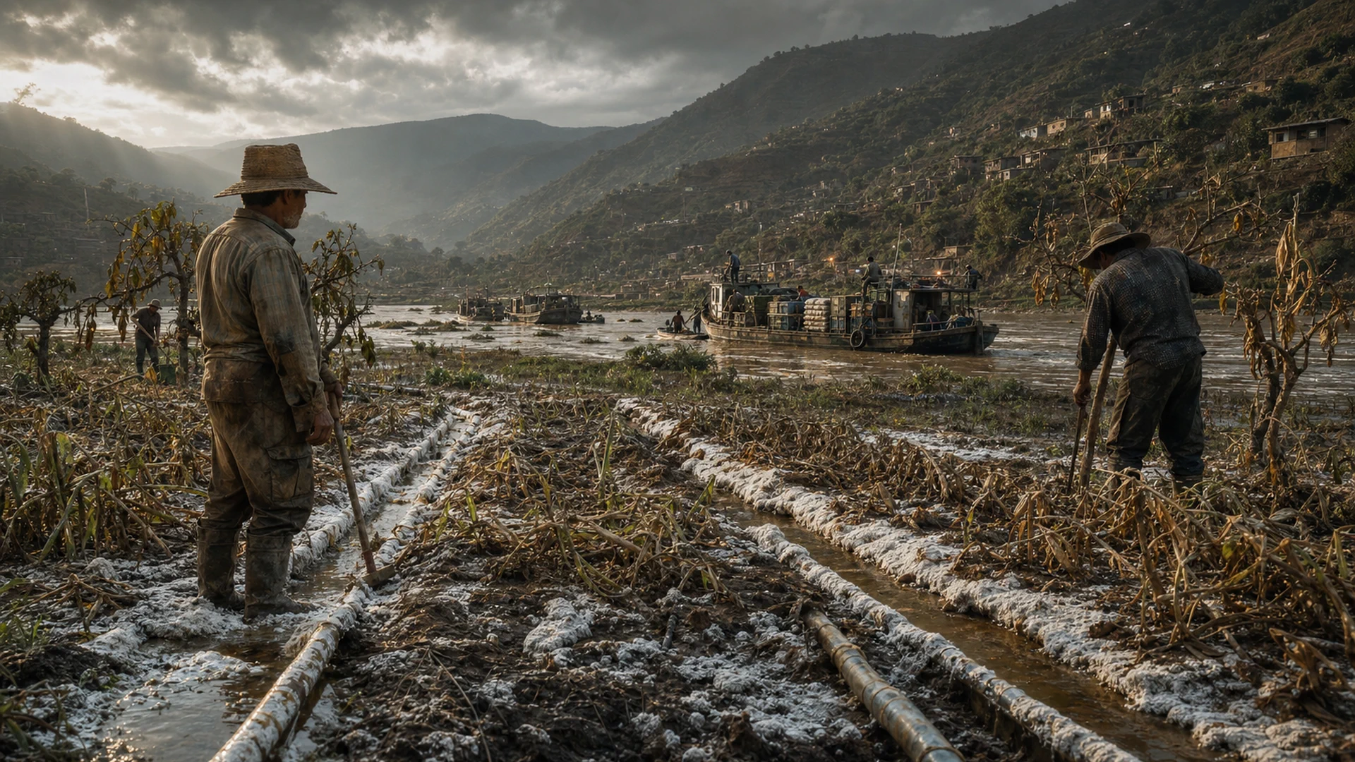 Agricultores contemplan surcos muertos por la sal mientras una flotilla descarga suministros hacia los asentamientos de las montañas.